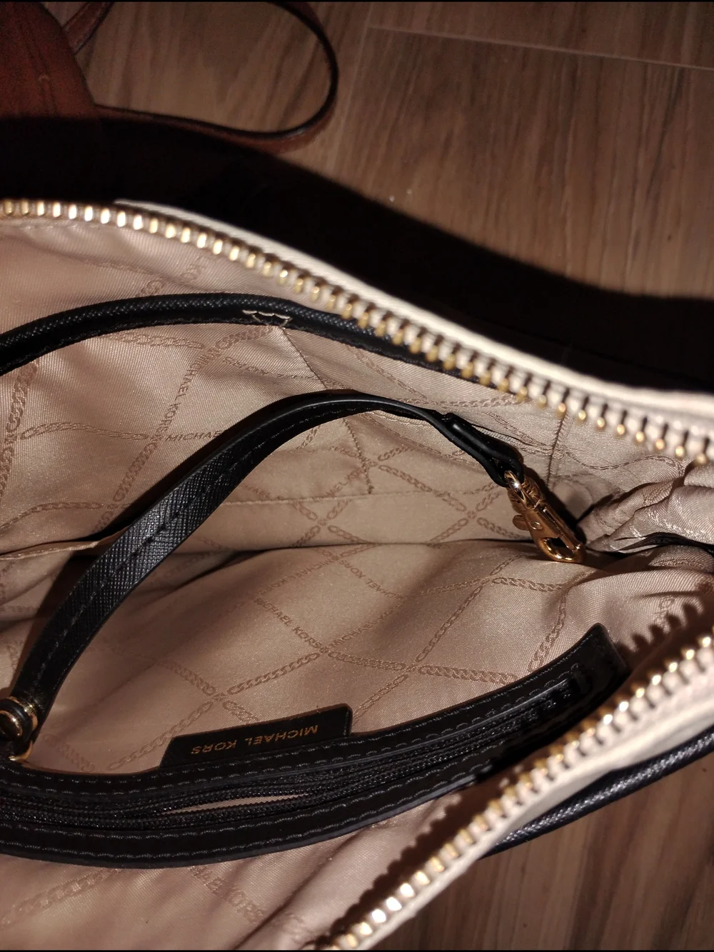 Michael Kors Beige and Black Messenger Crossbody with Gold Hardware